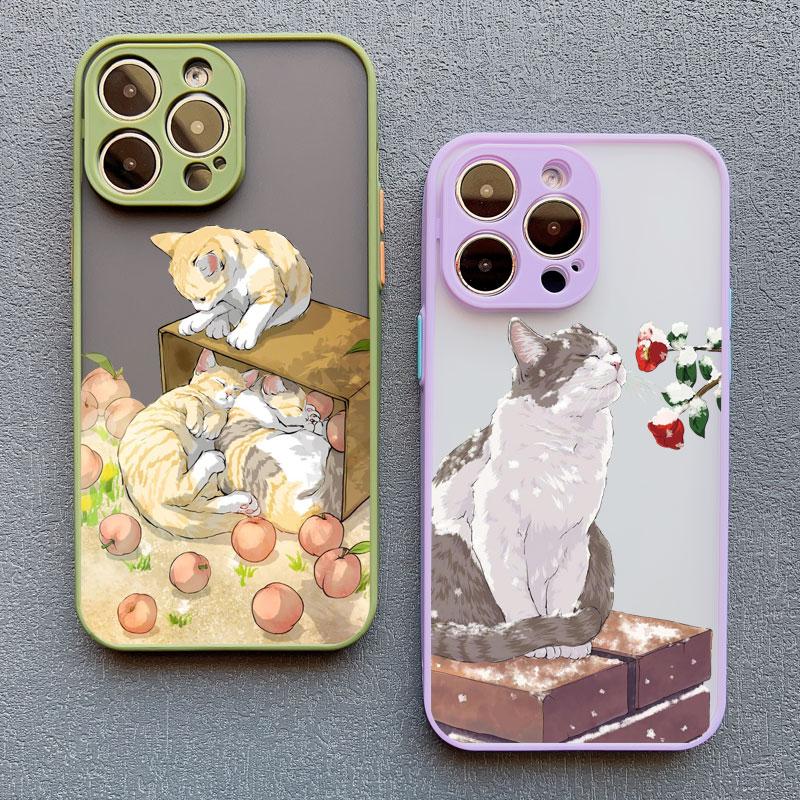 Lovely Cats Flower Case For iPhone 16 15 14 Plus Pro Max 13 12 11 Pro Max Mini 7 8 Plus X XR XS SE2 Phone Cases Shockproof Cover