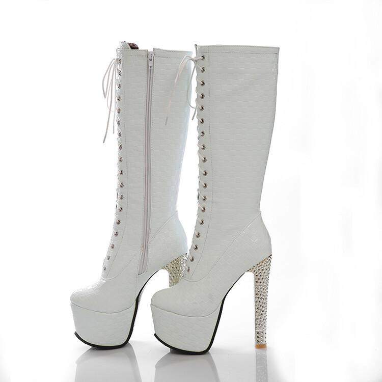 

Новые европейские и американские лакированные клетчатые ботинки на ремешке спереди, с круглым носком, боковой молнией, водонепроницаемой подошвой, металлической отделкой и высоким каблуком 39 белый