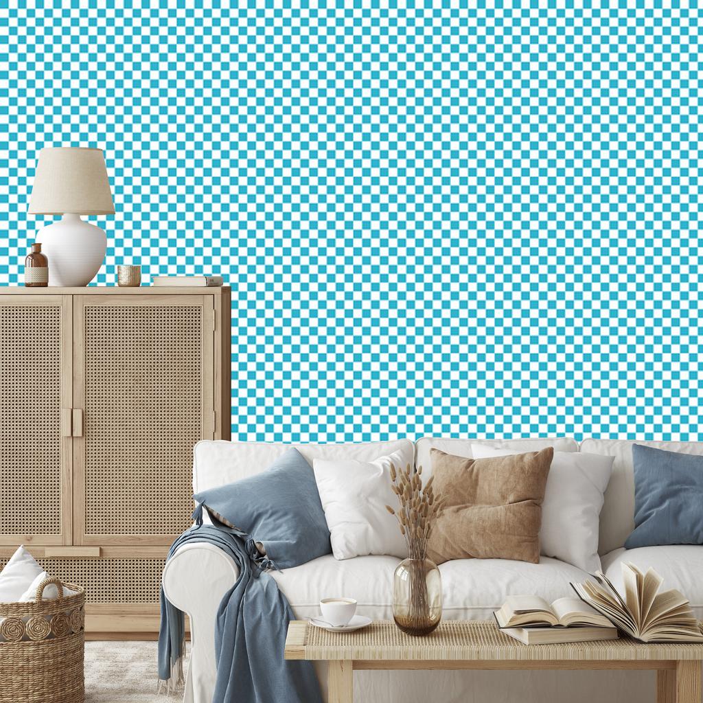 Checkerboard Wallpaper in Aquamarine and Turquoise for Living Room and Bedroom 50x1000