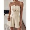 Women Solid Color Strapless Smocked Waist High Waist Wide Leg Short Vacation Romper
