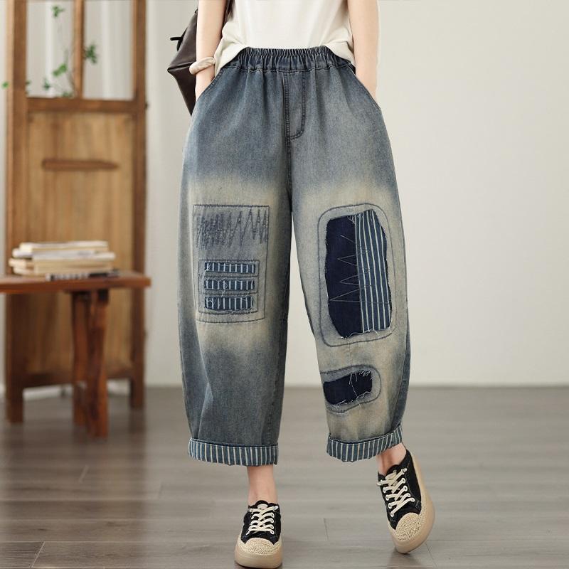 Plus size Vintage broderi hög midja vardaglig lös Dam vår sommar höst jeans denim vida ben Byxor