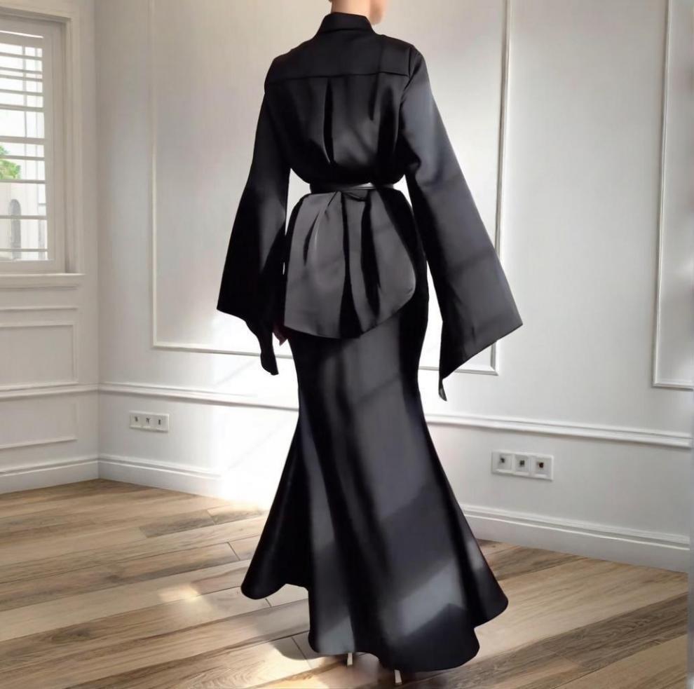 2025 Autumn Satin Flared Sleeve Shirt & Bodycon Skirt Set for Women