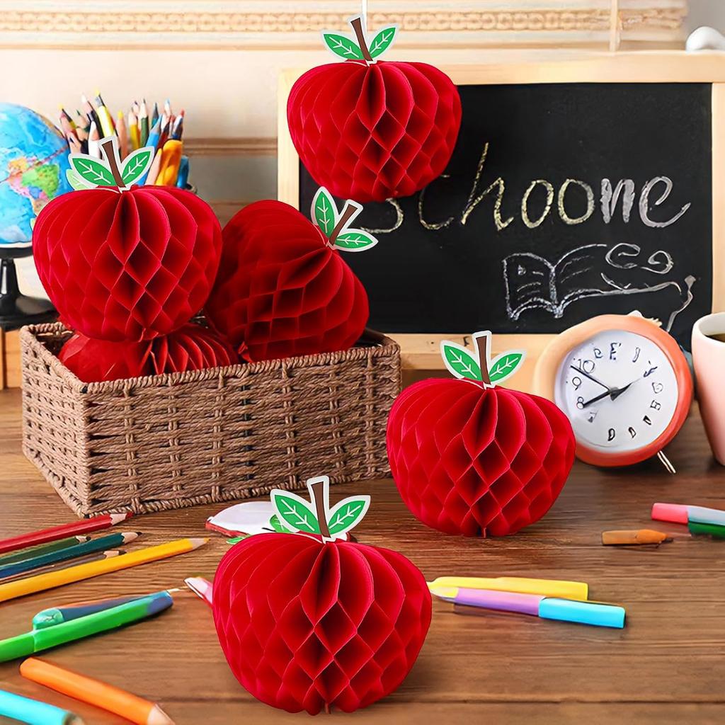 6 Pack 4.3 x 5.7 Inch Apple Honeycomb Decorations, Stand or Hang Tissue Paper Centerpieces, 3D Red Fruit Ornaments for Back to School, Teacher