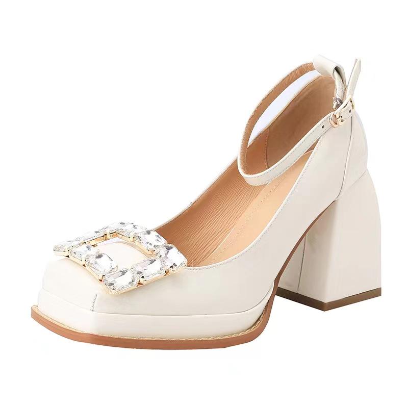 Spot Mary Jane Rhinestone Buckle Platform High Heel Square Toe Shoes for Women, Spring & Autumn 2024.