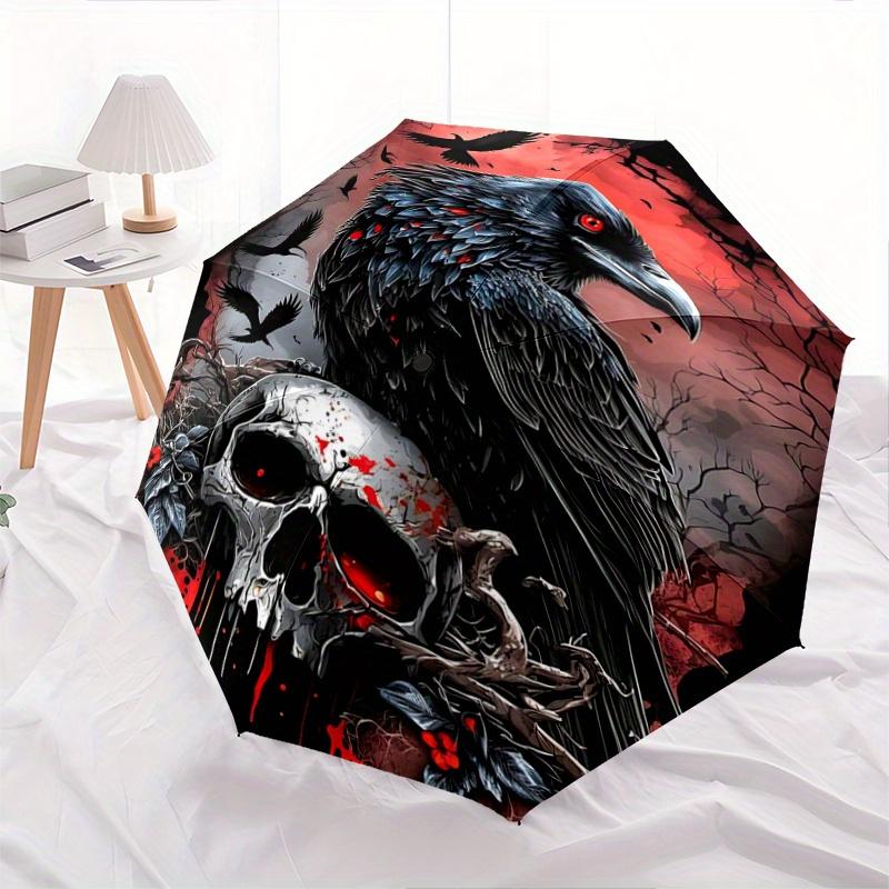 

1pc Crow and Skull Pattern Beautiful Looking Automatic Folding Umbrella, 3 Folding, 8 Iron Frame Design, Durable and Suitable for Travel and Dail