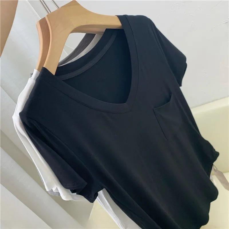 Summer Modal Cotton Draped Collarbone T-shirt Women Loose Korean-style Mid-Length Base Shirt Short Sleeve Casual V-neck Top
