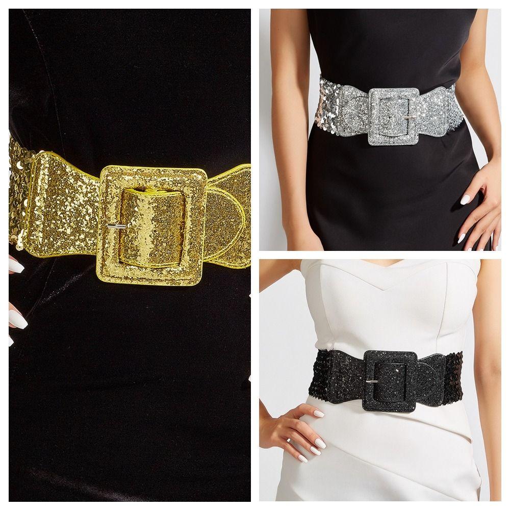 Shiny Blingbling Sequin Cummerbunds Metal Square Buckle Wide Belt  Decorative Jeans