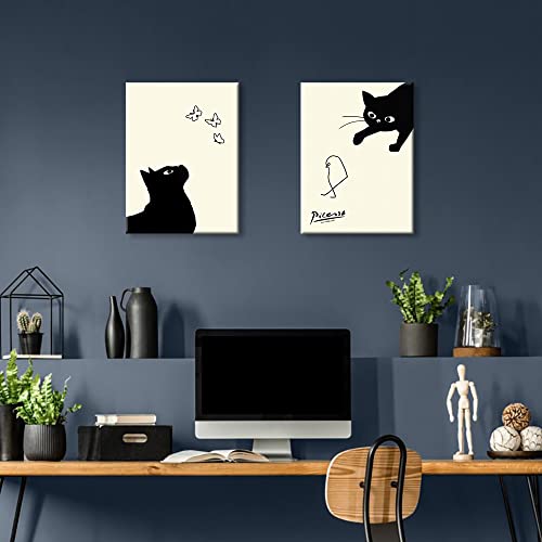 Picasso Katzen- und Kükenbilder, Set of 2, Kunsttafel, Katze fängt einen Vogel, Kunsttafel, Kunstrahmen, Modernes Poster, Dekoratives Gemälde, Leinwand, Dekorativ