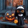 Halloween Nun Cat Statue Black Cat Figurine with Pumpkin Bucket Gothic Witchy Decor Fantasy Collectible Sculpture for Cat Lovers