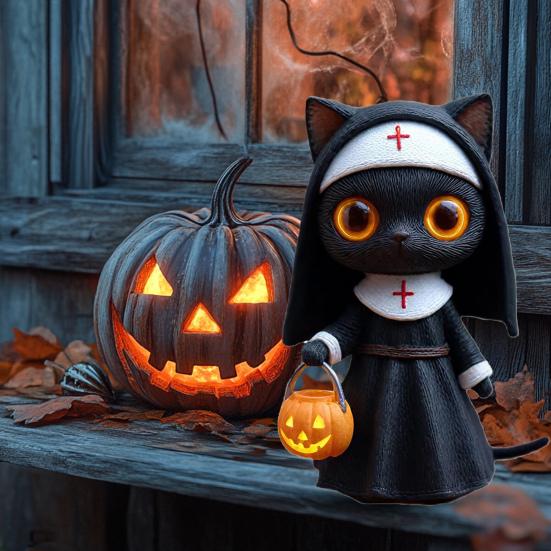 Halloween Nun Cat Statue Black Cat Figurine with Pumpkin Bucket Gothic Witchy Decor Fantasy Collectible Sculpture for Cat Lovers