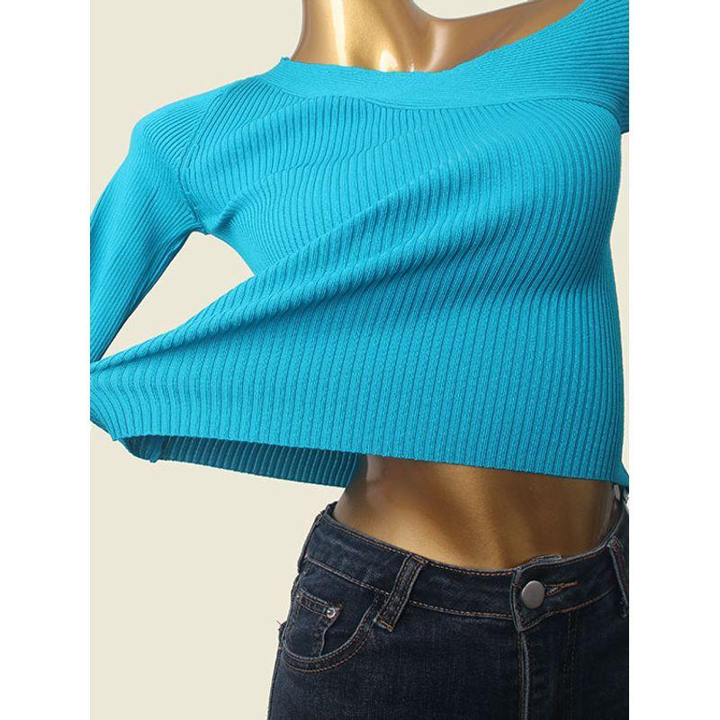 Blue Diagonal Collar One Shoulder Knitting Short Sleeve T-shirt Female French Style Design Silm Slimming Short Top Fall Base