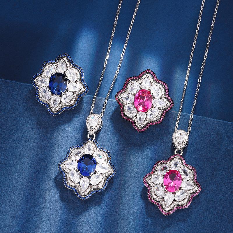 Jewelry Copper Bottom Gold-Plated Simulation Red Corundum Sapphire Blue Spinel High-Grade Black Gold Color Separation Set Female 8 * 10