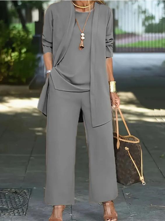 Women's Loose Fit Three-Piece Matching Set Long Sleeve Cardigan Wide Leg Pants Casual Outfit Set