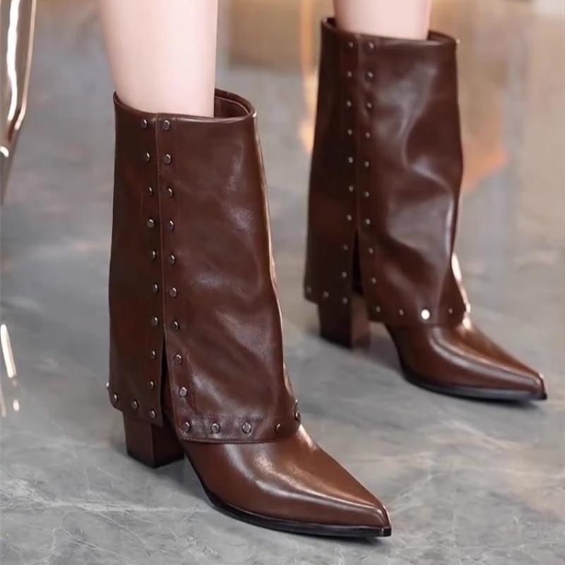 Pointed Toe Women Snow Ankle Boots New High Heels Leather Shoes Brand Fashion Winter 2025 Trend Goth Chelsea Chunky Botas Mujer