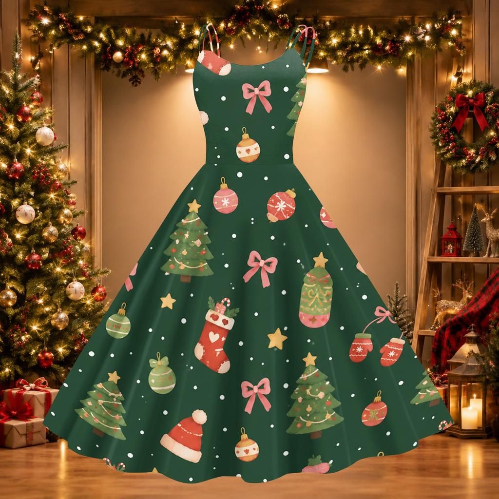 Women's Sexy Off Shoulder Christmas Print Retro Dress for Party