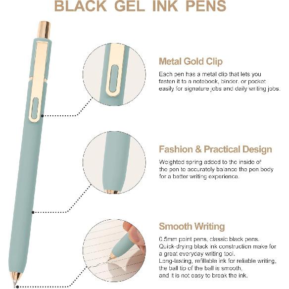 Linbsunne Gel Pens Black Ink Pens for Office 0.5mm Fine Point Pen Smooth Writing Retractable (Metal Gold Clip-10 Pcs)