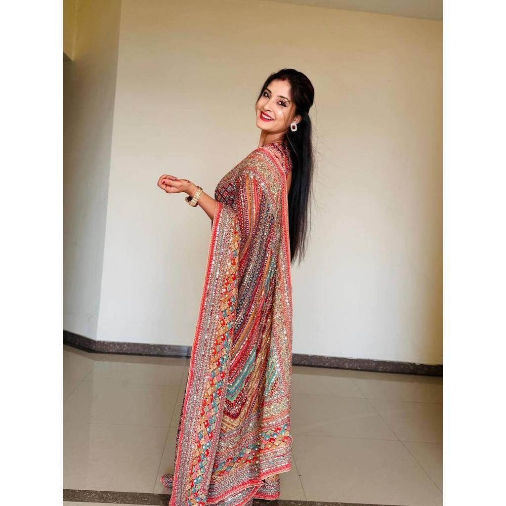 Premium Soft Chinon Printed Mirror Work Saree