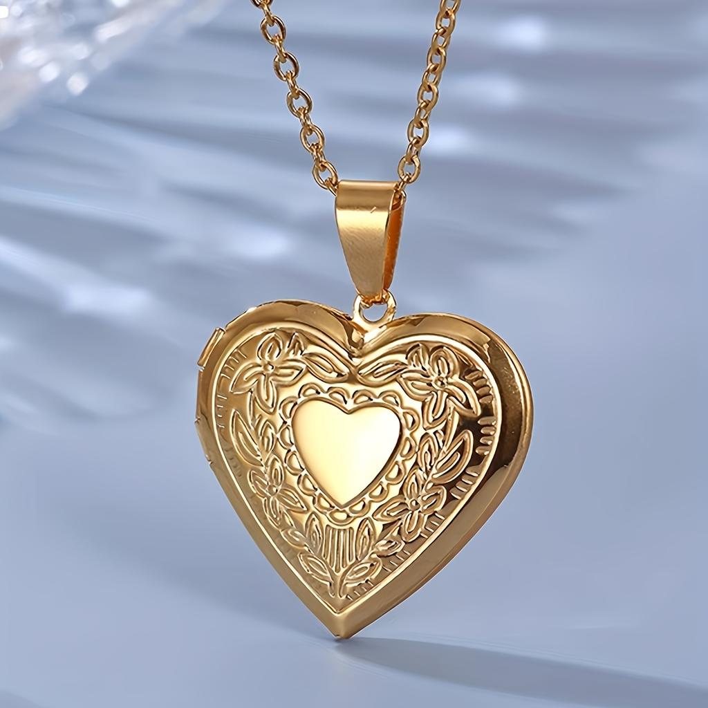1pc Rose Flower Heart Photo Frame Pendant Necklace, Stainless Steel Necklace For Relatives, Father's Day Gift