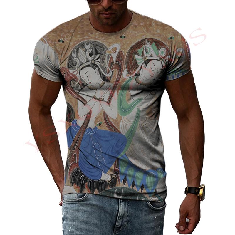 China Dunhuang Mural Graphic Shirt 3D Harajuku Print New Summer Retro Art Casual Short Sleeve Top For Men And Women Personality