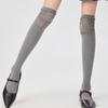 Solid Color Stretch Ruffle Trim Over Knee Long Socks for Women Japanese Student Sheer Mesh Splicing Thigh High Stockings