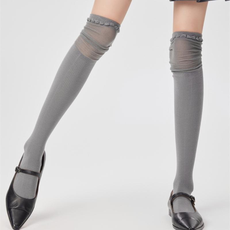 Solid Color Stretch Ruffle Trim Over Knee Long Socks for Women Japanese Student Sheer Mesh Splicing Thigh High Stockings