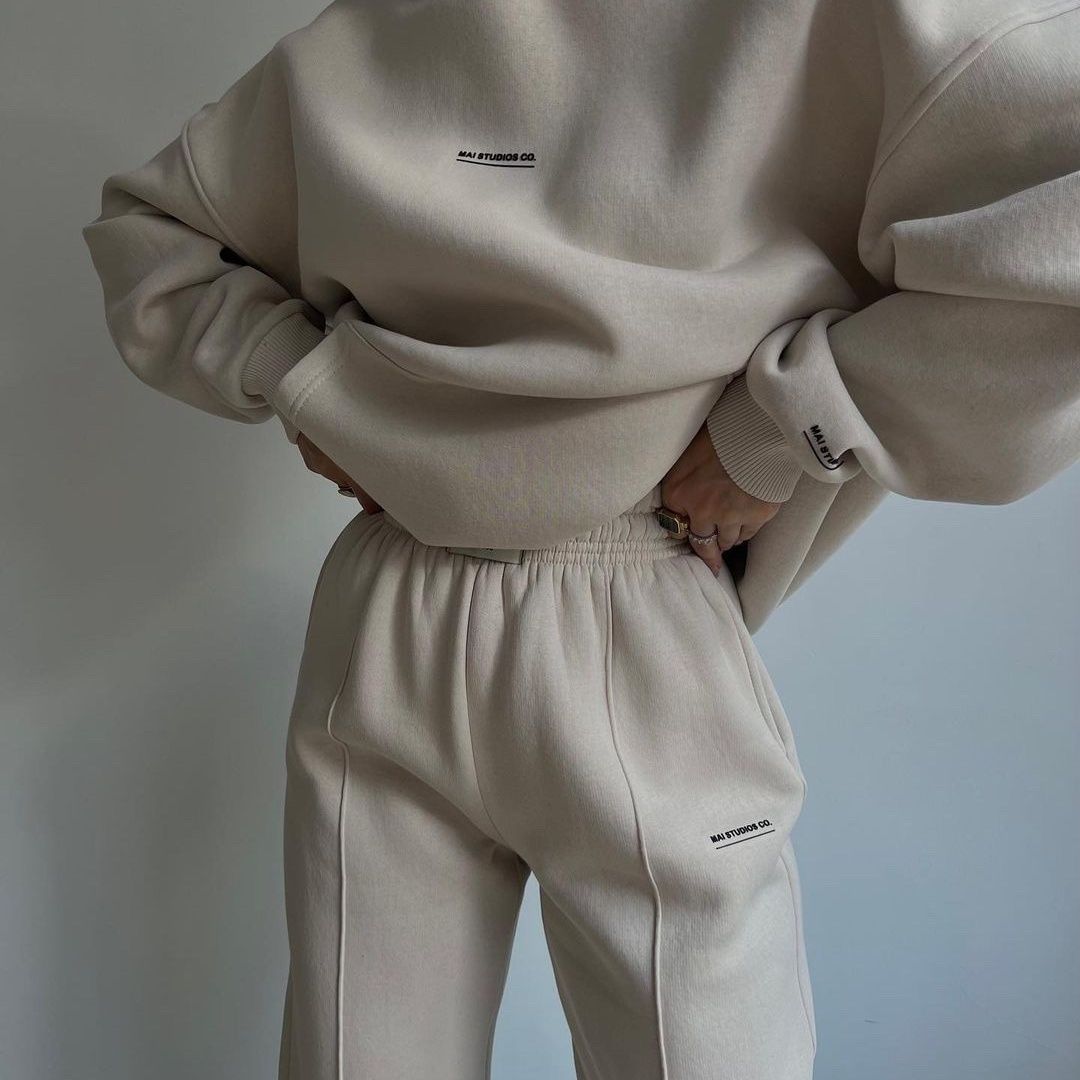 

Loose All Match Hoodie Set Women Autumn Winter Thicken Outwear Sweatpants 2 Pc Sets Casual Women Suits XL бежевий