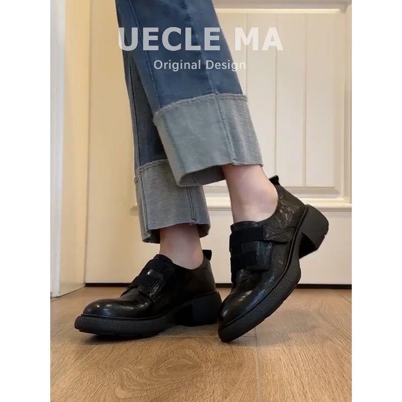 Cowhide Version~ Platform Loafers Women's 2025 New Velcro Retro Round Head Small Leather Shoes Thick Heel Commuter Shoes