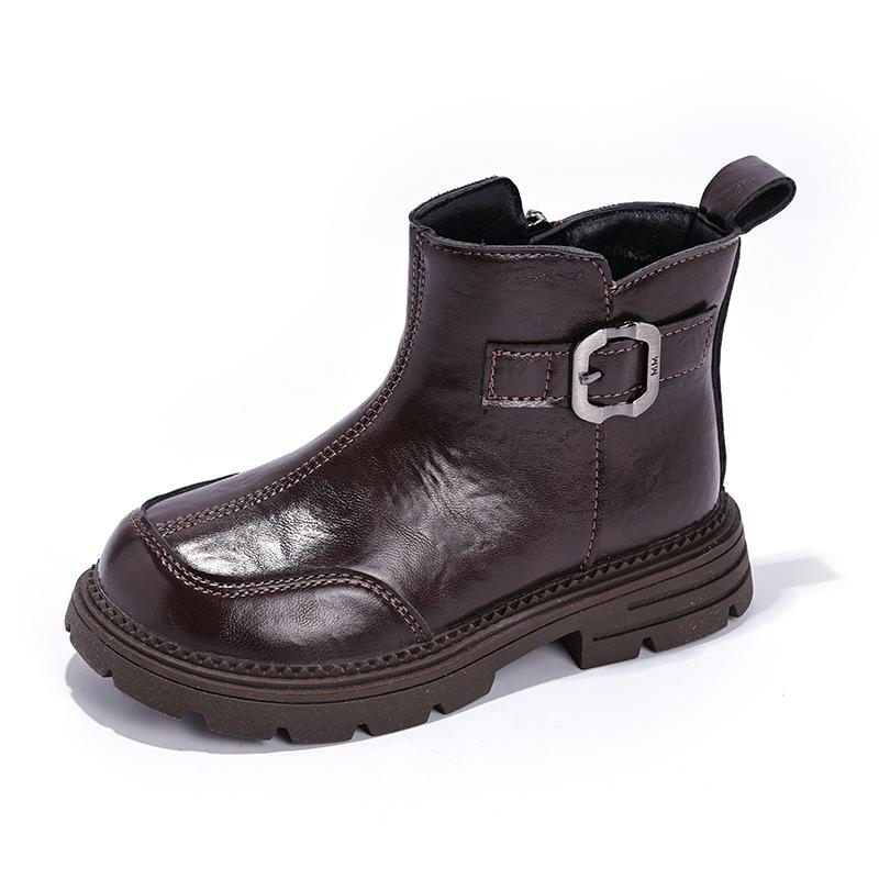 

Winter New Style Boys Short Boots; Girls Fur-lined Warm Princess Leather Boots; Middle and Large Children s Cotton Boots 26 коричневый