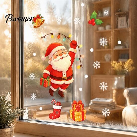Holiday Window Decorations for Home Santa Claus Christmas Static Clings, Glass Stickers with Snowflake Bear Clings Bell Patterns, Removable No‑Glue