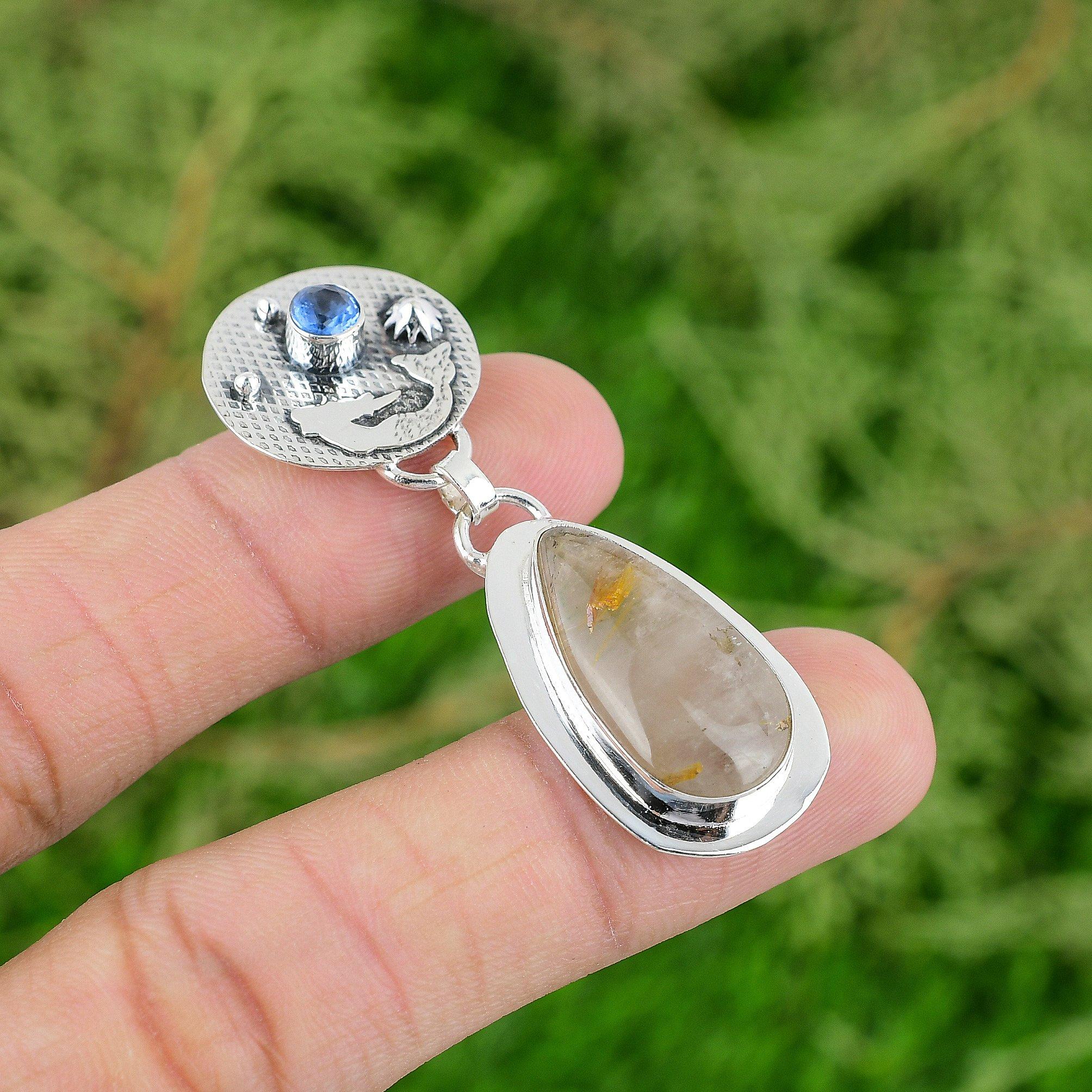 

925 Sterling Silver Golden Rutile Stone Tanzanite Quartz Mermaid Pendant Jewelry