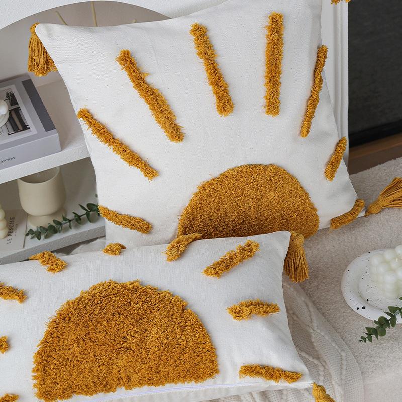 Ins Style Pillow Yellow Sun Tufted Pillow Case Homestay Pillow Living Room Sofa Tassel Cushion Removable and Washable