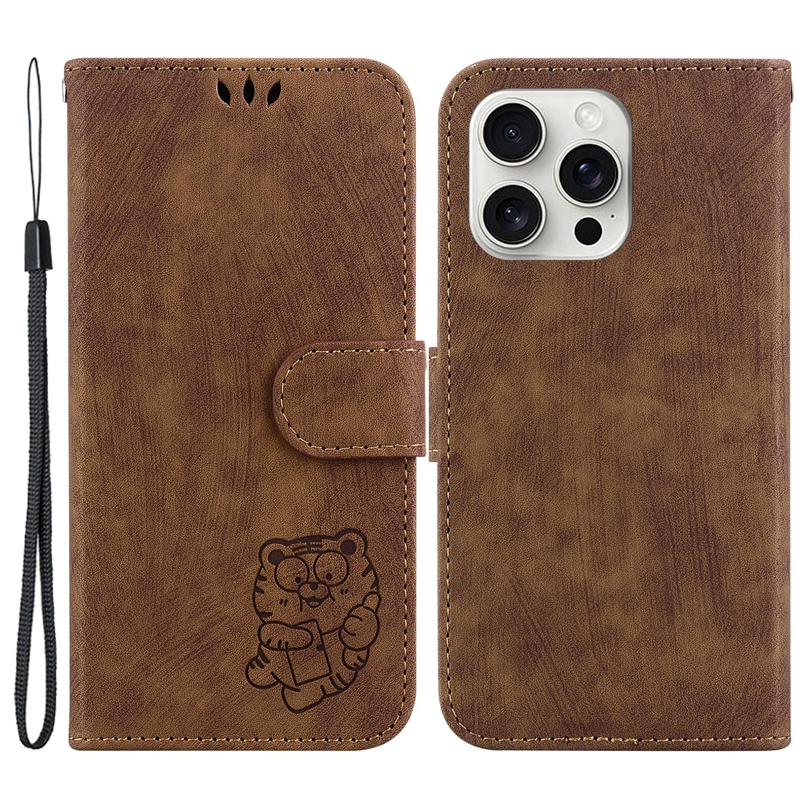 

For iPhone 16 Pro Stand Case Cute Tiger Imprint Leather Wallet Phone Cover Brown
