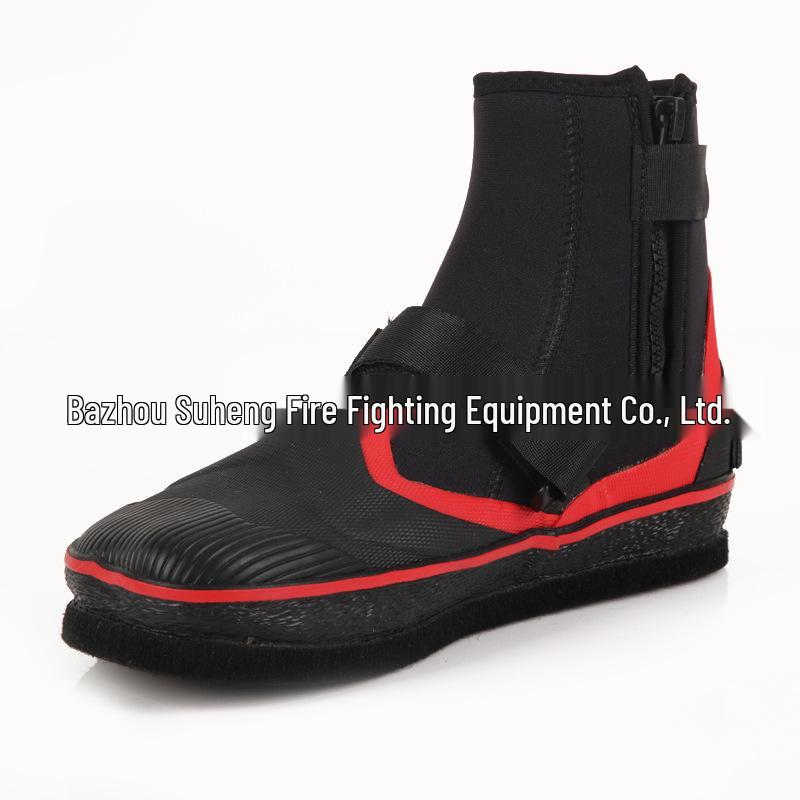 Red Cross Black Mid-Calf Rescue Leather Shoes for Search & Rescue Teams with Felt Bottom