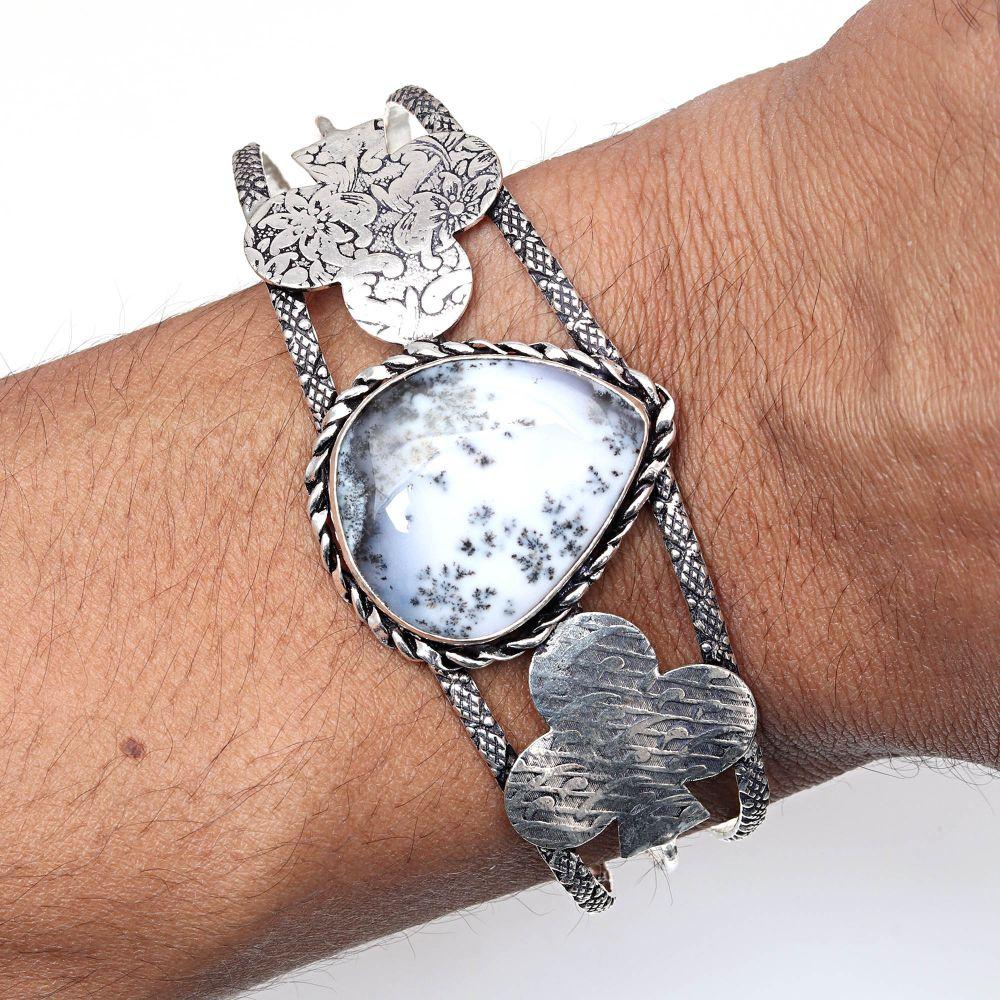 Dendritic Opal Gemstone Handmade Silver Jewelry Cuff Bracelets 7''Adjustable
