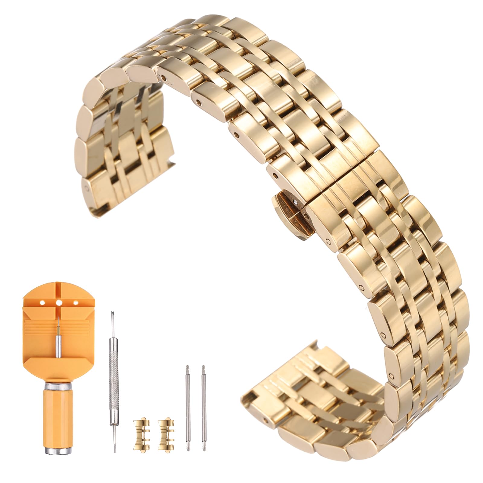 

[uxcell] Stainless Steel 20mm Quick-Release Metal Watch Band with Butterfly Clasp, Replacement Strap, Removal Tool Included, Unisex, Gold Color