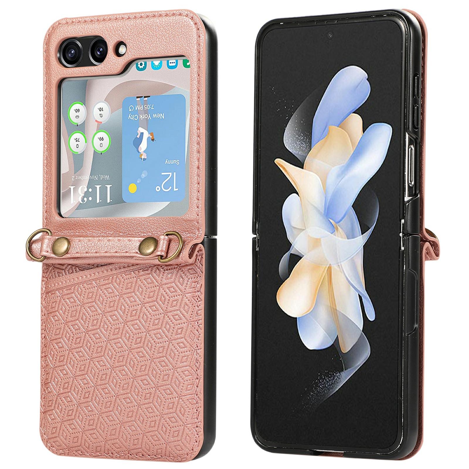 

For Samsung Galaxy Z Flip6 5G Case Imprinted Rhombus Leather Phone Cover with Card Slots Rose Gold