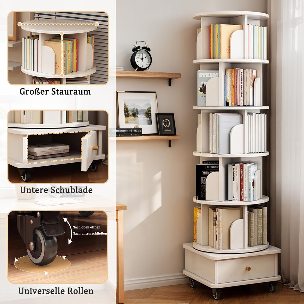 Libreria Rotante a 6 Piani, Scaffale Rotondo a 360 Gradi, Ruote e Cassetto, Scaffale Salvaspazio per Stanze Piccole – Ideale per Camera da Letto, Soggiorno, Casa, Ufficio