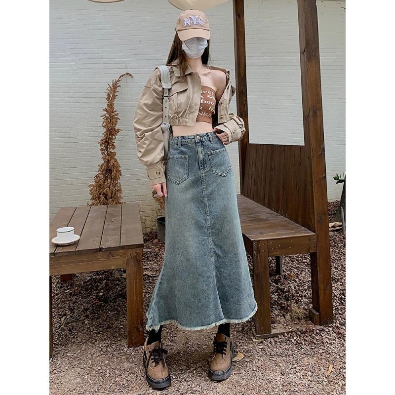 

Джинсовая юбка миди с меховой отделкой, новая весенне-летняя тонкая юбка с высокой талией в повседневном стиле XL