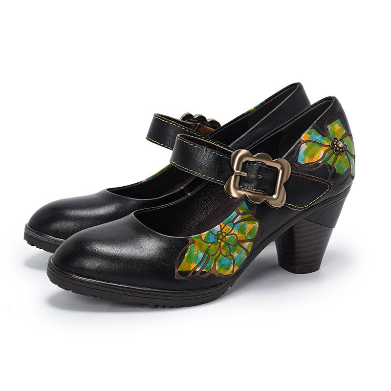 Johnature Retro Genuine Leather Printed Women's High Heels Comfortable Round Toe Thick Heels Pumps