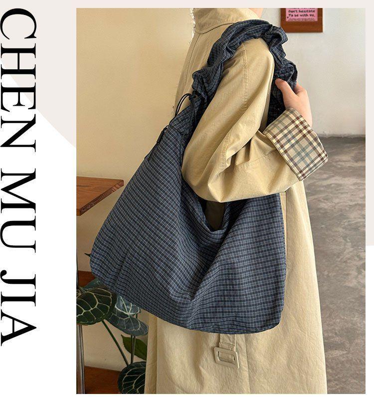 2025 Korean Retro Plaid Canvas Drawstring Tote - Large Commuter Shoulder/Crossbody Bag