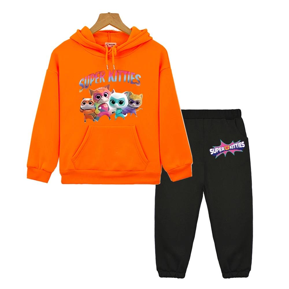 Boys Girl Hooded Sets Super Kitties Anime Hoodie Fleece Sweatshirt Cat Jacket 2pcs Pullover+pant Autumn Kids Boutique Clothes