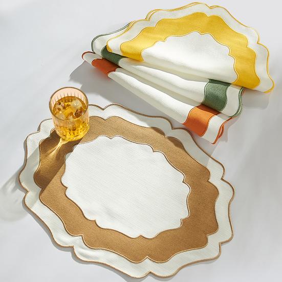 Scalloped Linen Placemat Dining Table Mat Machine Washable Wrinkle Free Dining Placemat for Home Farmhouse Kitchen Restaurant