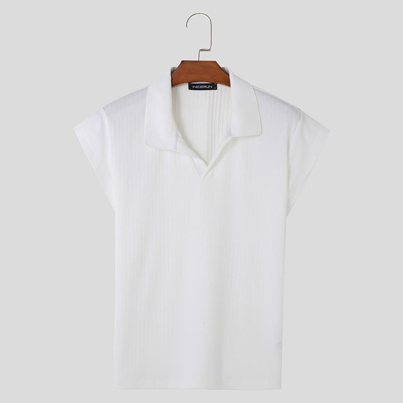 INCERUN Men Stand Collar V Neck Short Sleeve T-Shirts Pinstripe Summer Tee Tops