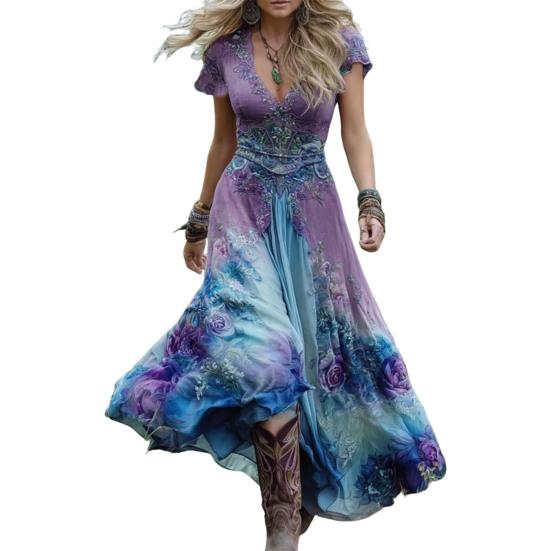 Damen Blumenmuster Maxikleid Kurzarm V-Ausschnitt Schwingkleid Boho Fließendes A-Linien-Kleid Lässiges Abschlussball-Party-Hochzeitsgast-Kleid