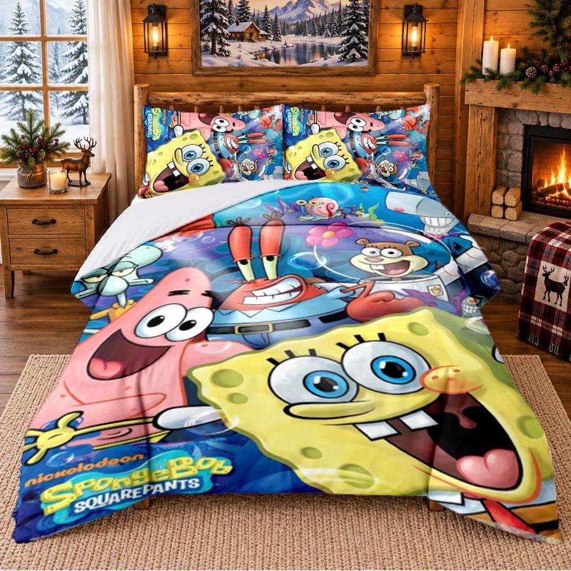 SpongeBob Football Pattern Bedding 3Pcs Set Bed Sheet And Pillowcases For Indoor Bedroom