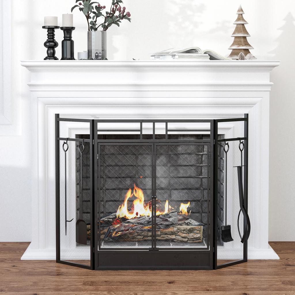 3 Panel Folding Fireplace Screen with 4 Tools Set, Steel Mesh Spark Guard with Double Door for Open Fire, Log Burner, 122W X 80H Cm, Black