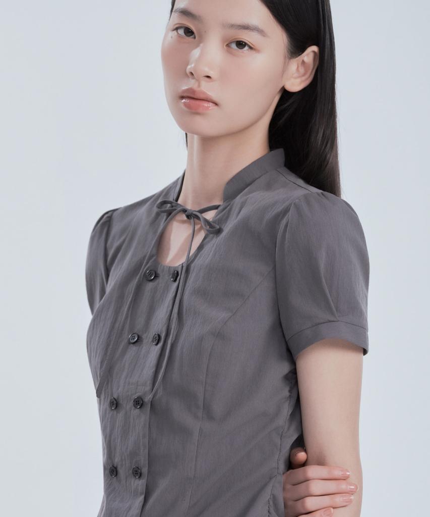Mausolleum String Tie Double Button Blouse - Gray