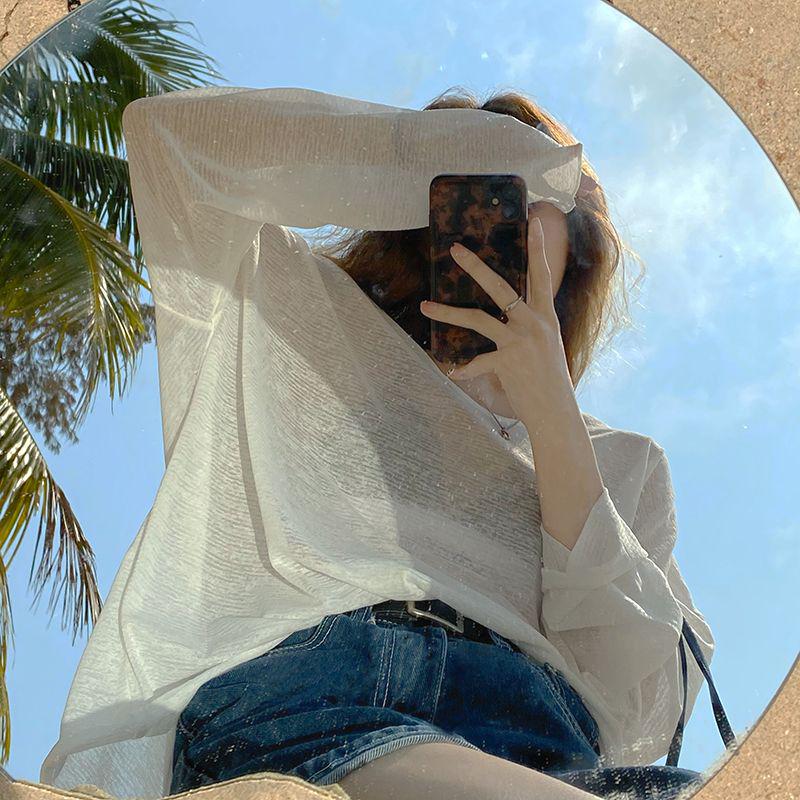 Women's Summer Bamboo Ribbed Long Sleeve Sun Protection See-Through Top