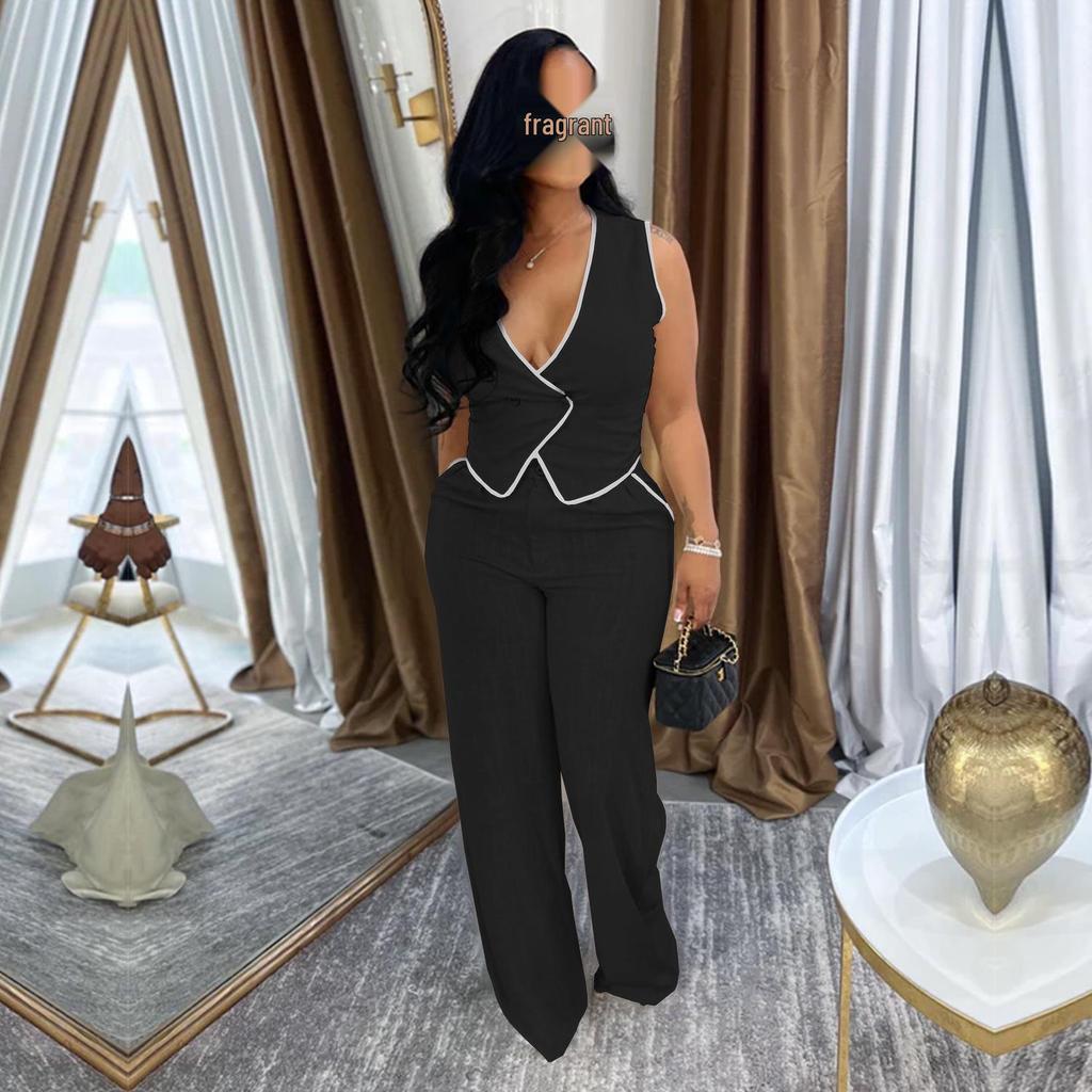 Women's Casual V-neck Button Top & Trousers Two-piece Set - New Fashion Europe/America