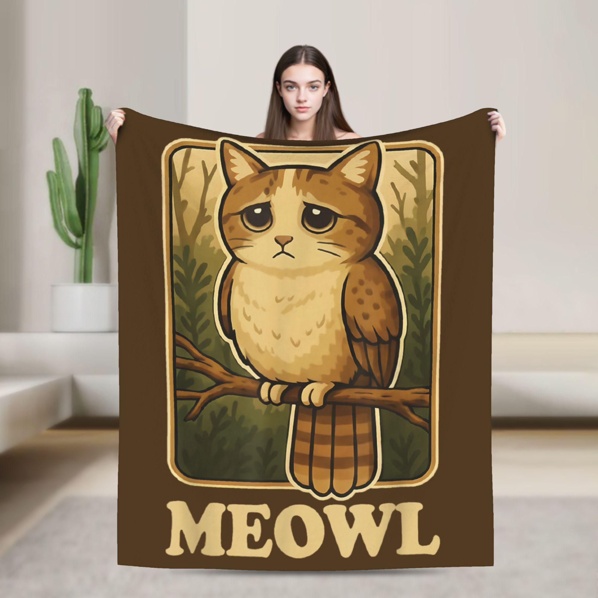 Funny Meowl Cat Owl Brainrot Meme Knitted Blanket Trendy Flannel Throw Blanket Airplane Printed Thin Bedspread Multifunction 75x90cm